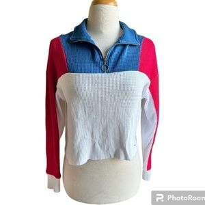 Hollister Y2K red white blue USA cropped thermal oversized long sleeve top xs
